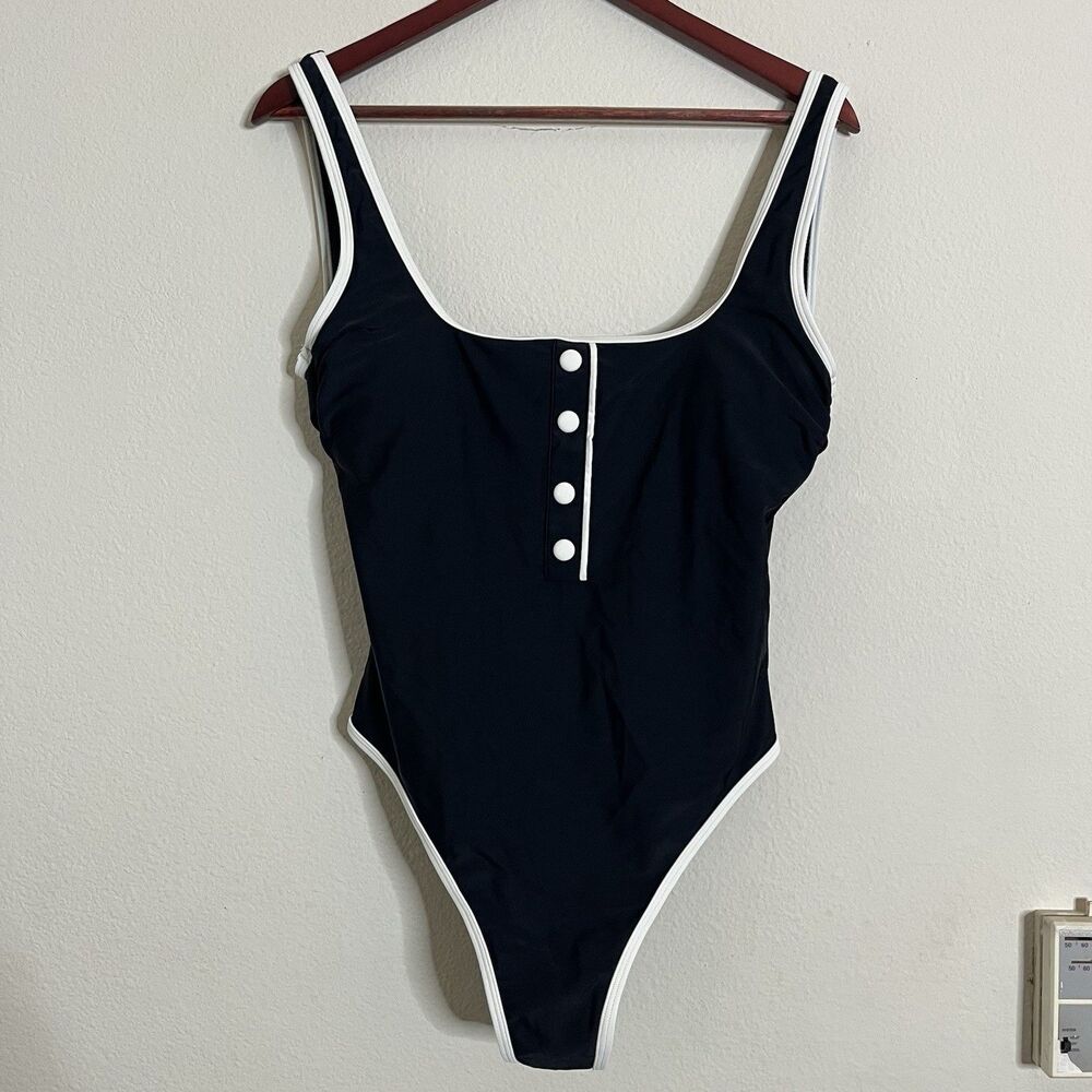 Cupshe One Piece Black White Trim Button Front Detail Swimsuit SZ M